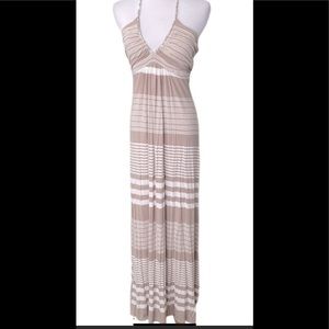 LOVESTITCH Tan and Cream Stripe Braided Halter V-Neck Maxi Dress